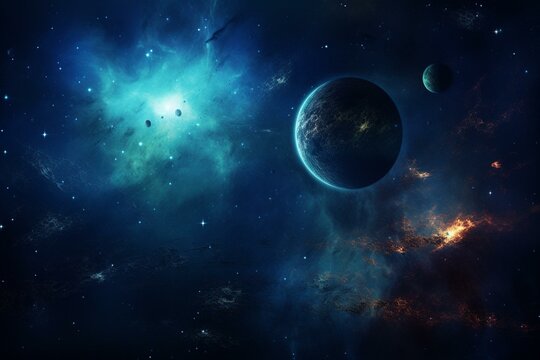 Stunning deep space wallpaper with a planetary system and central star. Digitally created artwork. Generative AI © Freya