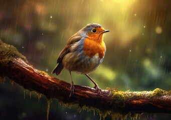 "Cheerful Robin Resting on a Branch". Digital Poster. AI generated.
