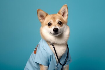 Photography in the style of pensive portraiture of a smiling norwegian lundehund wearing a doctor costume against a sapphire blue background. With generative AI technology - obrazy, fototapety, plakaty