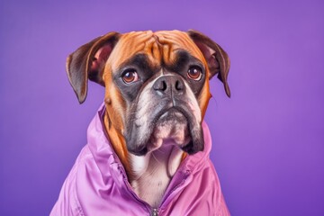 Headshot portrait photography of a funny boxer dog wearing a raincoat against a lilac purple background. With generative AI technology