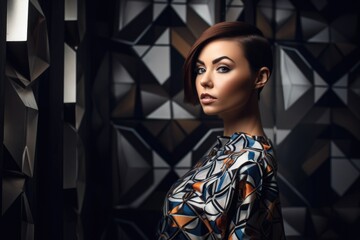 shot of a beautiful woman wearing a futuristic geometric print dress
