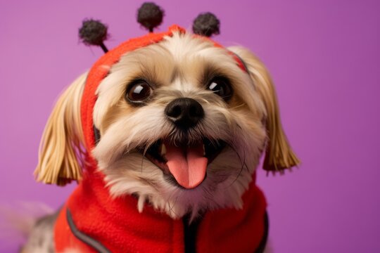 Close-up portrait photography of a smiling lowchen dog wearing a ladybug costume against a lilac purple background. With generative AI technology