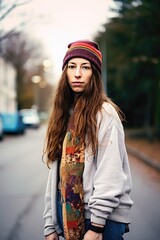 portrait of a young woman holding her skateboard outside