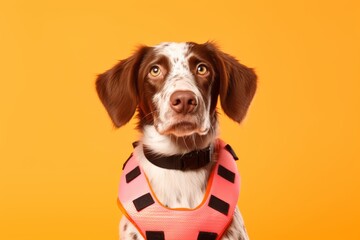 Group portrait photography of a funny brittany dog wearing a life jacket against a coral pink background. With generative AI technology - obrazy, fototapety, plakaty