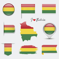 Bolvia flag - flat collection. Flags of different shaped flat icons. Vector illustration