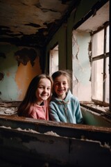 two young friends smiling while in a dilapidated building