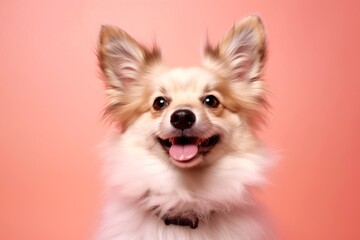 Medium shot portrait photography of a smiling norwegian lundehund wearing a fairy wings against a coral pink background. With generative AI technology - obrazy, fototapety, plakaty