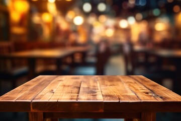 The wooden table top with blur background of restaurant. Generative AI image AIG30.