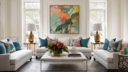 modern white luxury home interior design living room soft cosy sofa furniture with colorful artwork pinting photo frame accent on the wall with light from window curtain house beautiful,ai generate © VERTEX SPACE