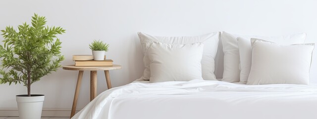 closeup bedroom with cosy white clean soft pillow arrangement on bed mattress bedroom interior design concept house beautiful background daylight,ai generate