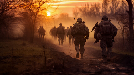 photograph of Army soldiers moving forward. telephoto lens realistic sunset lighting Generative ai