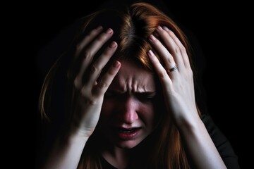 shot of a woman holding her forehead in frustration against a dark background