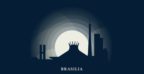 Brazil Brasilia cityscape skyline capital city panorama vector flat modern banner. Latin America region header booklet idea with landmarks and building silhouettes at sunset sunrise night