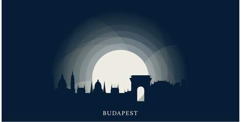 Hungary Budapest cityscape skyline capital city panorama vector flat modern banner, header. Eastern Europe Danube region emblem idea with landmarks and building silhouettes at sunset sunrise night