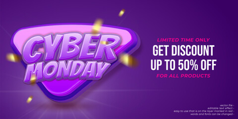 Cyber monday sale banner template design with 3D style editable text effect