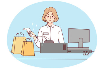 Smiling female cashier with bags at shop register. Woman selling products giving bill to client in store. Good service and consumerism. Vector illustration.