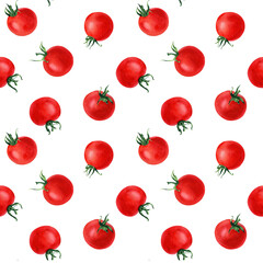 Watercolor seamless pattern with cherry tomatoes. Hand drawn illustration for wrapping, wallpaper, fabric, textile