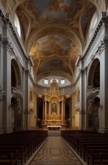 large catholic church with wooden chairs and religious drawings on the ceiling