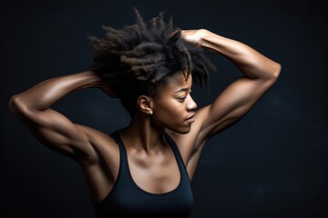 studio shot of a fit young woman flexing her muscles against a grey background