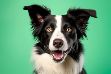 Headshot portrait photography of a smiling border collie wearing a light-up collar against a spearmint green background. With generative AI technology