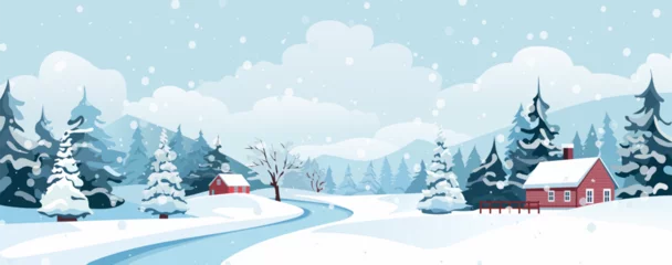 Tuinposter Winter landscape of forests, mountains, roads and houses. Beautiful snowy day, snowdrifts, mountains, snow-covered trees, amazing clouds, red houses and a road. Vector illustration for print. © LoveSan