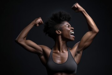 studio shot of a fit young woman flexing her muscles against a grey background