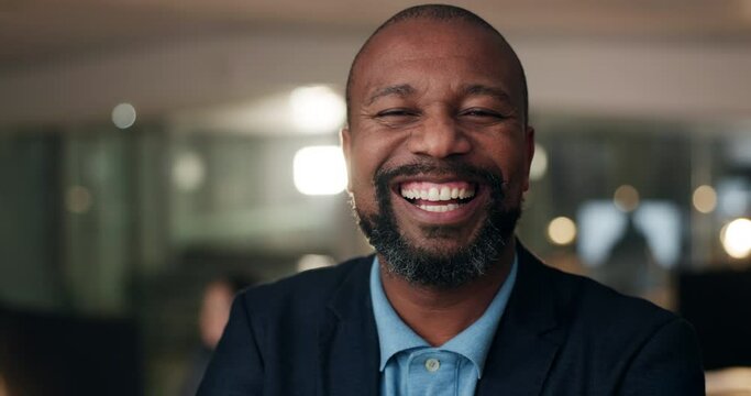 Business, portrait and black man with confidence, smile and leadership with corporate pride. Businessman, startup boss or happy ceo in office, entrepreneur in professional senior management career.