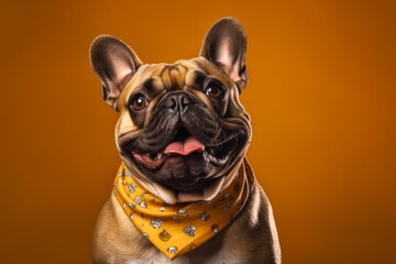 Lifestyle portrait photography of a smiling french bulldog wearing a cooling bandana against a gold background. With generative AI technology