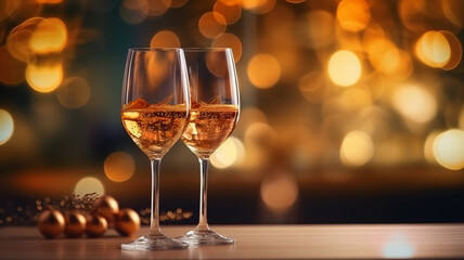 photograph of Two glasses of champagne toasting in the nigh with lights bokeh.Generative ai