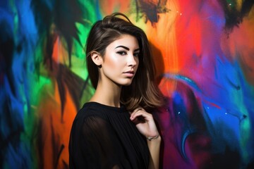 portrait of a beautiful young model standing in front of an abstract background