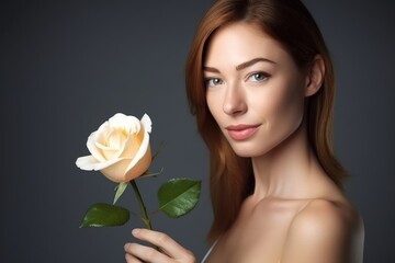 studio shot of a beautiful young woman holding a white rose