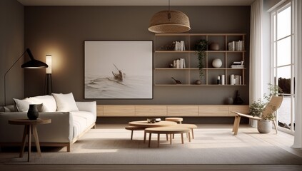 3d rendering modern living room with white sofa, wooden coffee table, hanging lamp, shelves on the walls