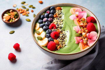 Perfect smoothie bowl with balanced flavors and creative toppings on marble kitchen counter, light colors, American family home, blog website image, homemade, ultra realistic, overhead perspective