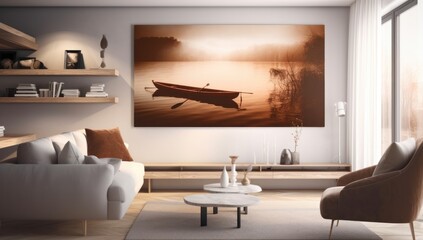Modern minimalist living room with white sofa, coffee chair, beautiful lake landscape painting