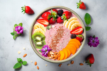 Perfect smoothie bowl with balanced flavors and creative toppings on marble kitchen counter, light colors, American family home, blog website image, homemade, ultra realistic, overhead perspective