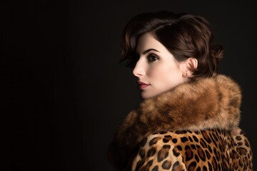 studio shot of a beautiful woman wearing an animal print faux fur coat