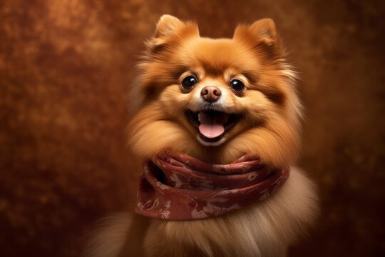 Medium shot portrait photography of a smiling pomeranian wearing a warm scarf against a copper brown background. With generative AI technology
