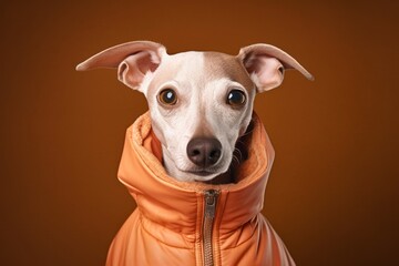 Medium shot portrait photography of a funny italian greyhound dog wearing a sherpa coat against a copper brown background. With generative AI technology