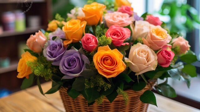 Bouquet of colorful roses in a wicker basket on the table. Mother's day concept with a space for a text. Valentine day concept with a copy space.