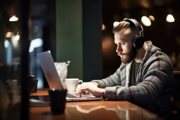 shot of a man wearing headphones while working on a laptop and drinking coffee