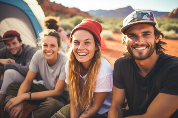 Group of backpackers sitting and resting while climbing to the Sedona canyon, surrounded by beautiful nature. Travel, backpacking and active lifestyle concept.	 - obrazy, fototapety, plakaty
