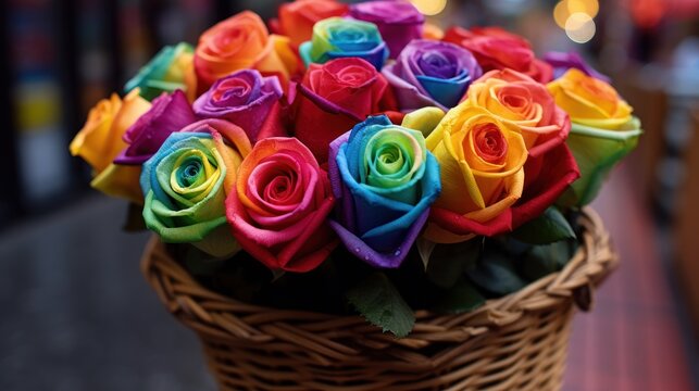 Colorful roses in a basket on wooden table. Selective focus. Mother's day concept with a space for a text. Valentine day concept with a copy space.