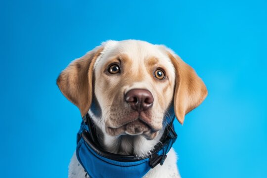 Medium shot portrait photography of a smiling labrador retriever wearing a ski suit against a periwinkle blue background. With generative AI technology