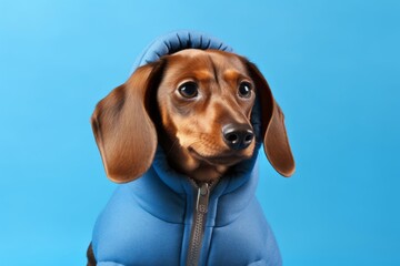 Medium shot portrait photography of a cute dachshund wearing a sherpa coat against a periwinkle blue background. With generative AI technology