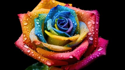 beautiful multicolored rose on a black background close-up. Mother's day concept with a space for a text. Valentine day concept with a copy space.