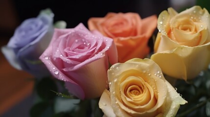 Close up of colorful roses with water droplets on petals. Mother's day concept with a space for a text. Valentine day concept with a copy space.