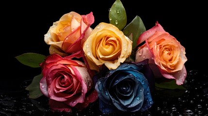 Colorful roses on a black background with water drops. Mother's day concept with a space for a text. Valentine day concept with a copy space.