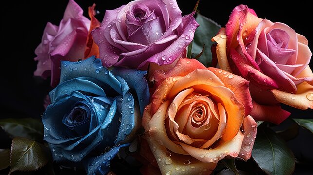 Bouquet of multicolored roses on a black background. Mother's day concept with a space for a text. Valentine day concept with a copy space.