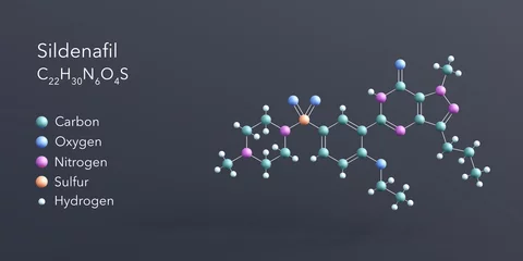 Fotobehang sildenafil molecule 3d rendering, flat molecular structure with chemical formula and atoms color coding © Сергей Шиманович