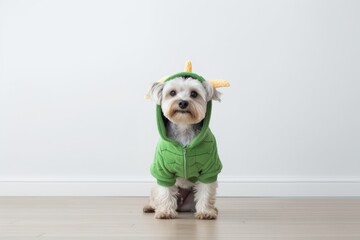 Group portrait photography of a cute havanese dog wearing a dinosaur costume against a minimalist...